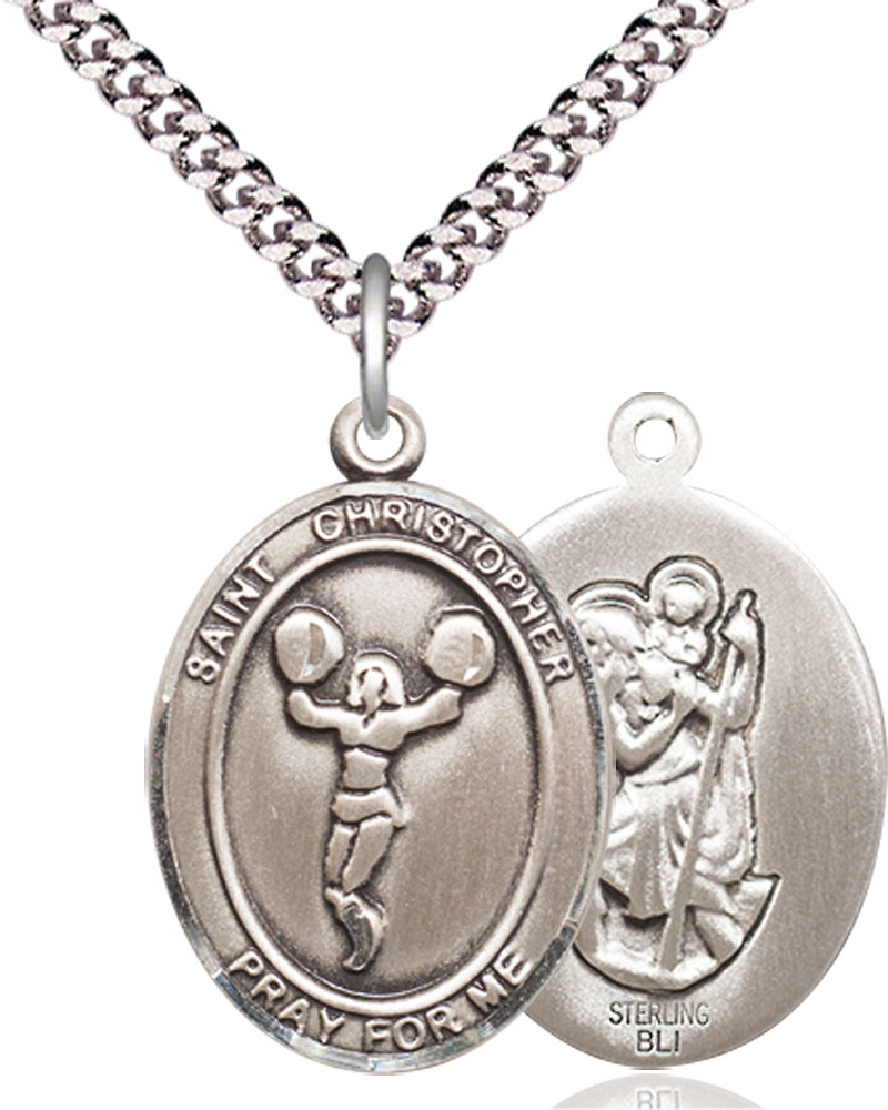 Sterling Silver Saint Christopher Cheerleading Pendant on a 24 inch Light Rhodium Heavy Curb chain
