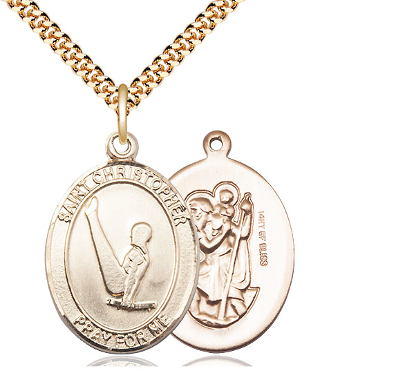 14kt Gold Filled Saint Christopher Gymnastics Pendant on a 24 inch Gold Plate Heavy Curb chain