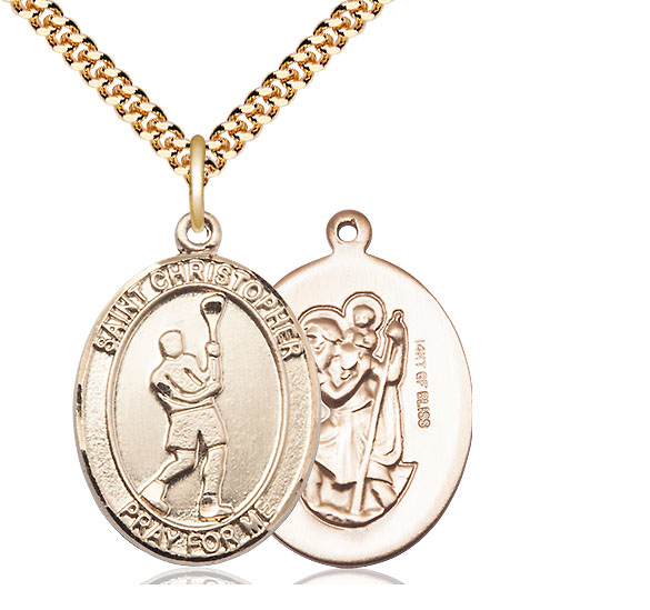 14kt Gold Filled Saint Christopher Lacrosse Pendant on a 24 inch Gold Plate Heavy Curb chain