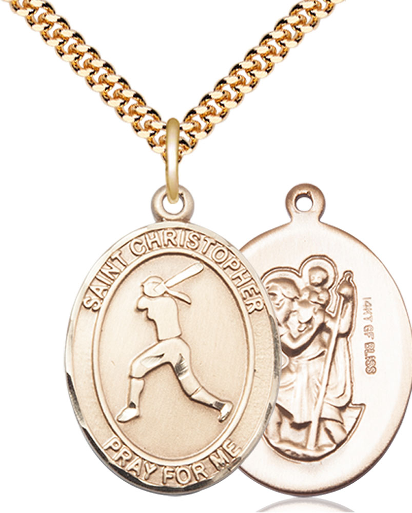 14kt Gold Filled Saint Christopher Softball Pendant on a 24 inch Gold Plate Heavy Curb chain
