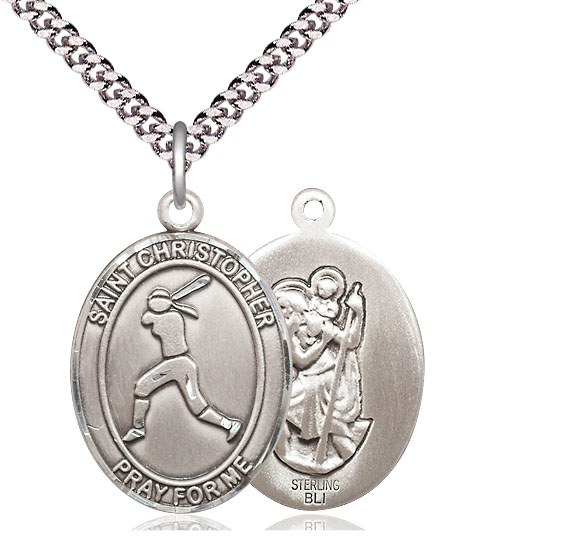 Sterling Silver Saint Christopher Softball Pendant on a 24 inch Light Rhodium Heavy Curb chain