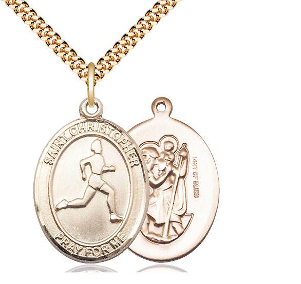 14kt Gold Filled Saint Christopher Track&amp;Field Pendant on a 24 inch Gold Plate Heavy Curb chain