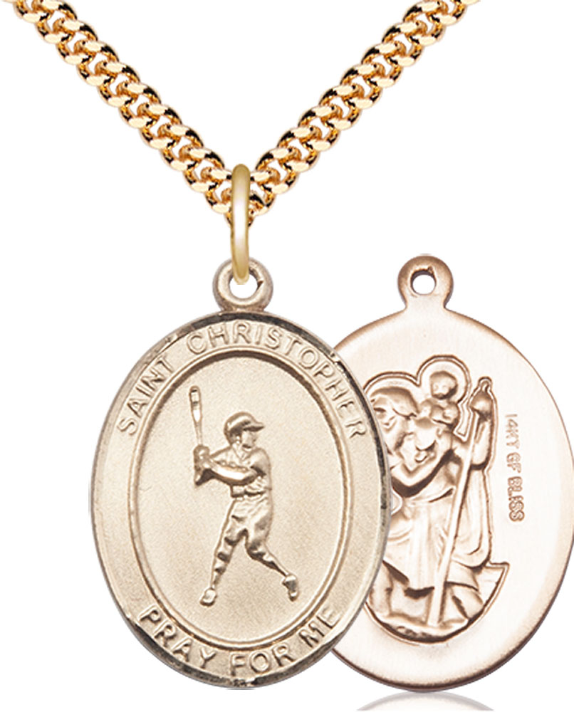 14kt Gold Filled Saint Christopher Baseball Pendant on a 24 inch Gold Plate Heavy Curb chain