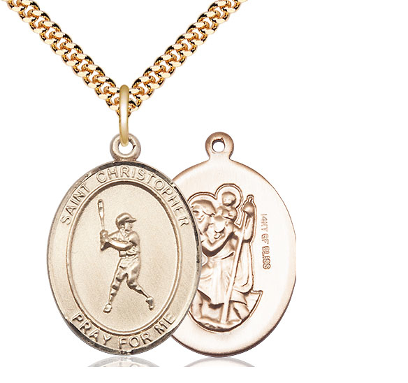 14kt Gold Filled Saint Christopher Baseball Pendant on a 24 inch Gold Plate Heavy Curb chain