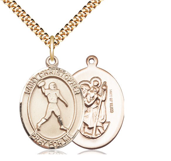 14kt Gold Filled Saint Christopher Football Pendant on a 24 inch Gold Plate Heavy Curb chain