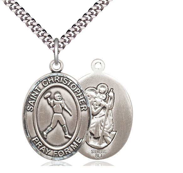 Sterling Silver Saint Christopher Football Pendant on a 24 inch Light Rhodium Heavy Curb chain
