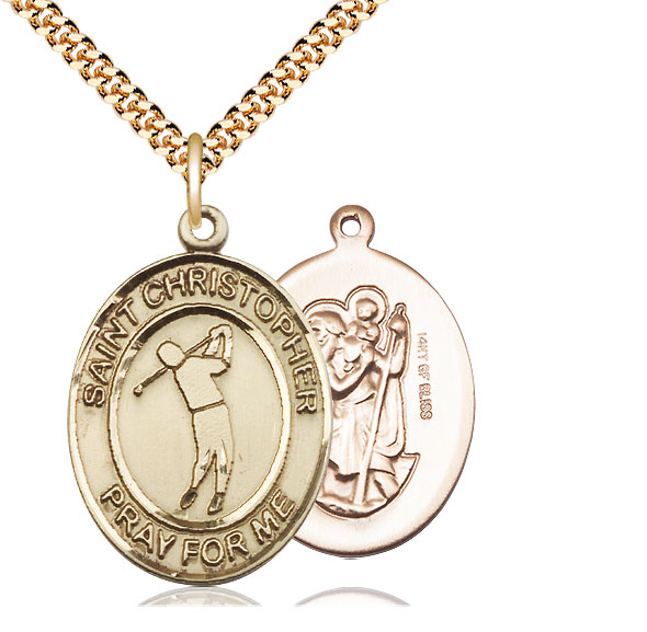 14kt Gold Filled Saint Christopher Golf Pendant on a 24 inch Gold Plate Heavy Curb chain