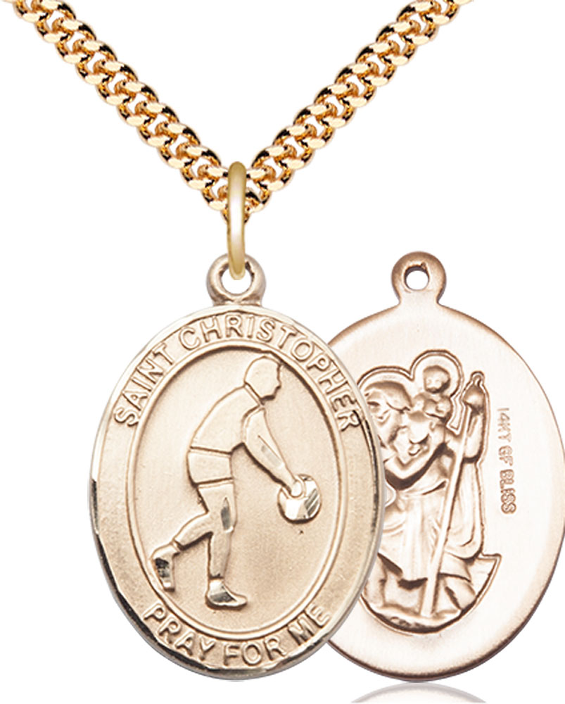 14kt Gold Filled Saint Christopher Basketball Pendant on a 24 inch Gold Plate Heavy Curb chain