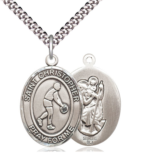 Sterling Silver Saint Christopher Basketball Pendant on a 24 inch Light Rhodium Heavy Curb chain