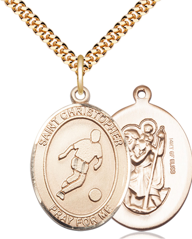 14kt Gold Filled Saint Christopher Soccer Pendant on a 24 inch Gold Plate Heavy Curb chain