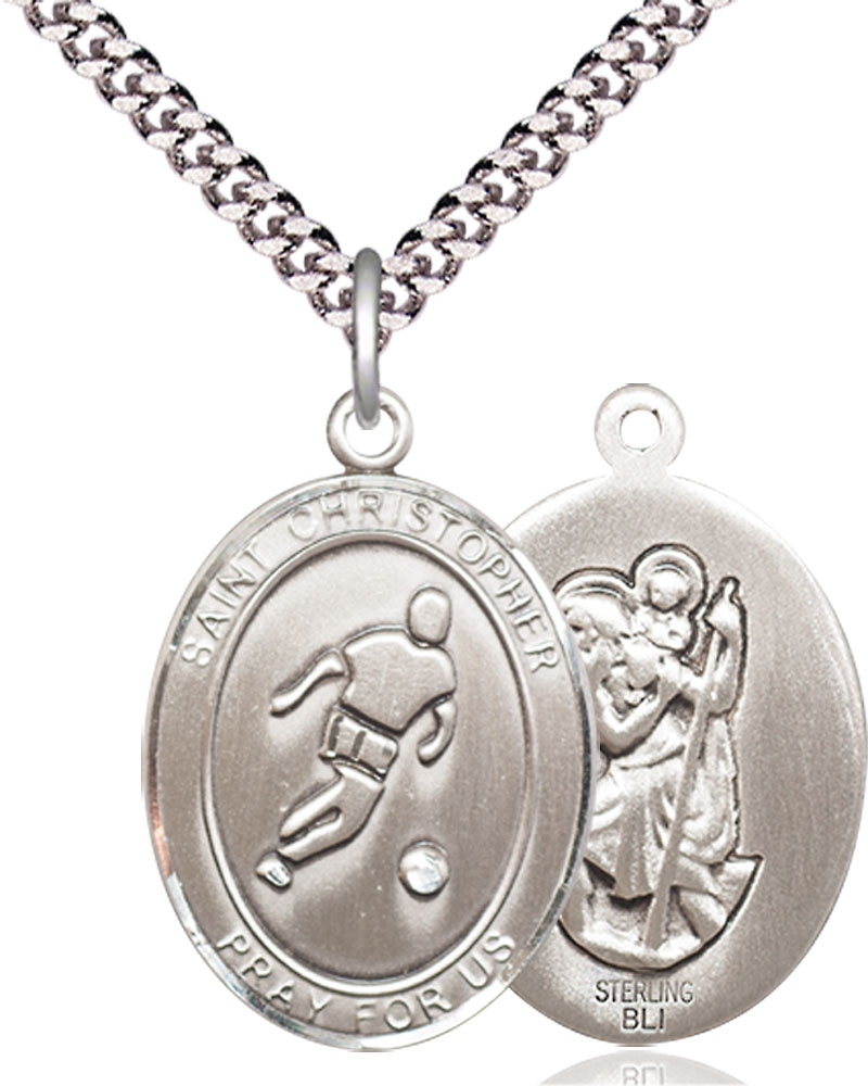 Sterling Silver Saint Christopher Soccer Pendant on a 24 inch Light Rhodium Heavy Curb chain