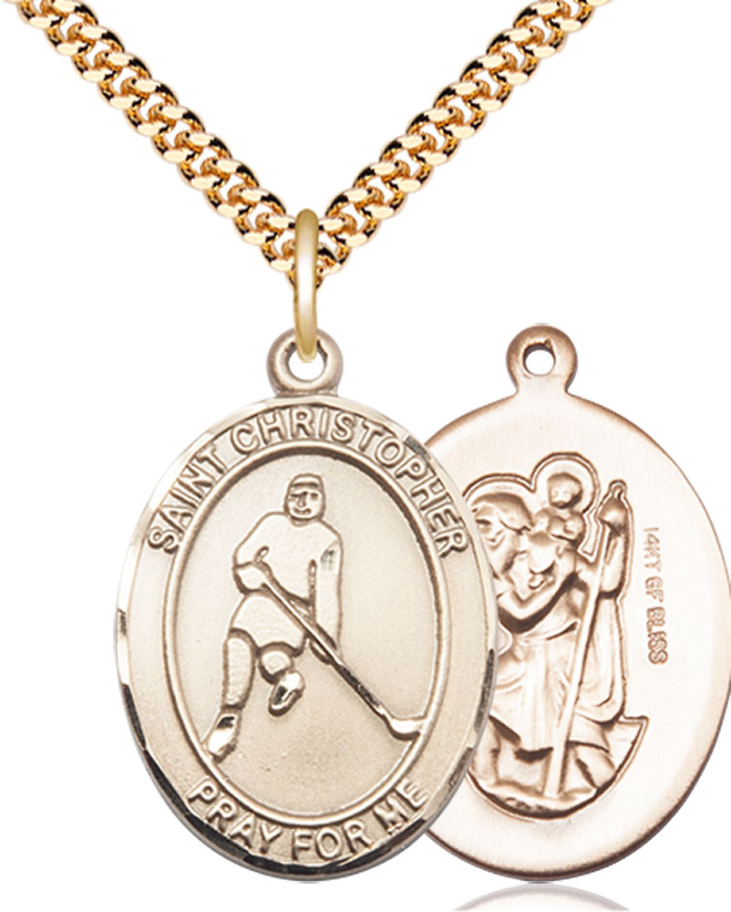 14kt Gold Filled Saint Christopher Ice Hockey Pendant on a 24 inch Gold Plate Heavy Curb chain