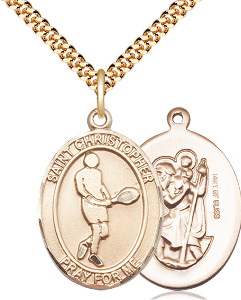 14kt Gold Filled Saint Christopher Tennis Pendant on a 24 inch Gold Plate Heavy Curb chain