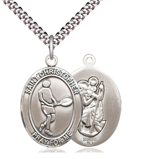 Sterling Silver Saint Christopher Tennis Pendant on a 24 inch Light Rhodium Heavy Curb chain