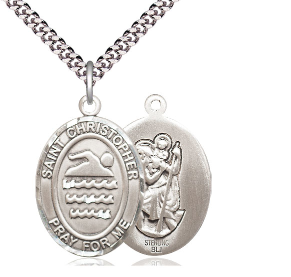 Sterling Silver Saint Christopher Swimming Pendant on a 24 inch Light Rhodium Heavy Curb chain