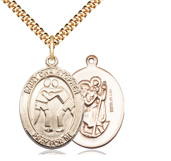 14kt Gold Filled Saint Christopher Wrestling Pendant on a 24 inch Gold Plate Heavy Curb chain