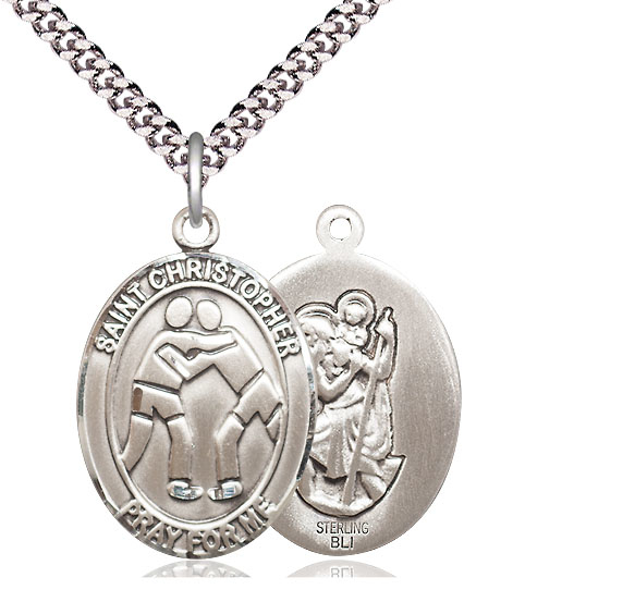 Sterling Silver Saint Christopher Wrestling Pendant on a 24 inch Light Rhodium Heavy Curb chain