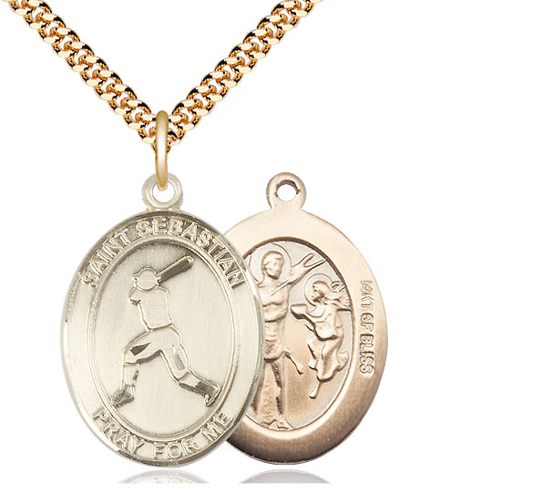 14kt Gold Filled Saint Sebastian Baseball Pendant on a 24 inch Gold Plate Heavy Curb chain