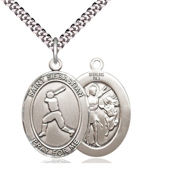 Sterling Silver Saint Sebastian Baseball Pendant on a 24 inch Light Rhodium Heavy Curb chain