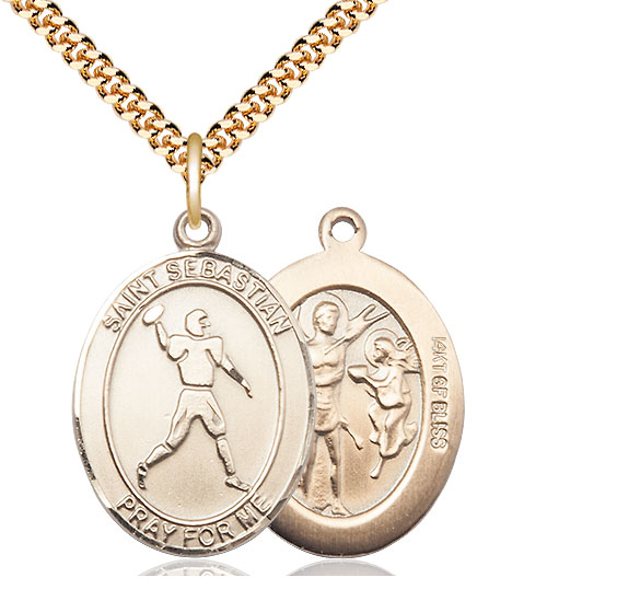 14kt Gold Filled Saint Sebastian Football Pendant on a 24 inch Gold Plate Heavy Curb chain