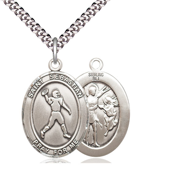 Sterling Silver Saint Sebastian Football Pendant on a 24 inch Light Rhodium Heavy Curb chain