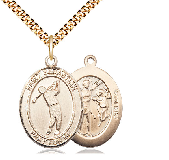 14kt Gold Filled Saint Sebastian Golf Pendant on a 24 inch Gold Plate Heavy Curb chain