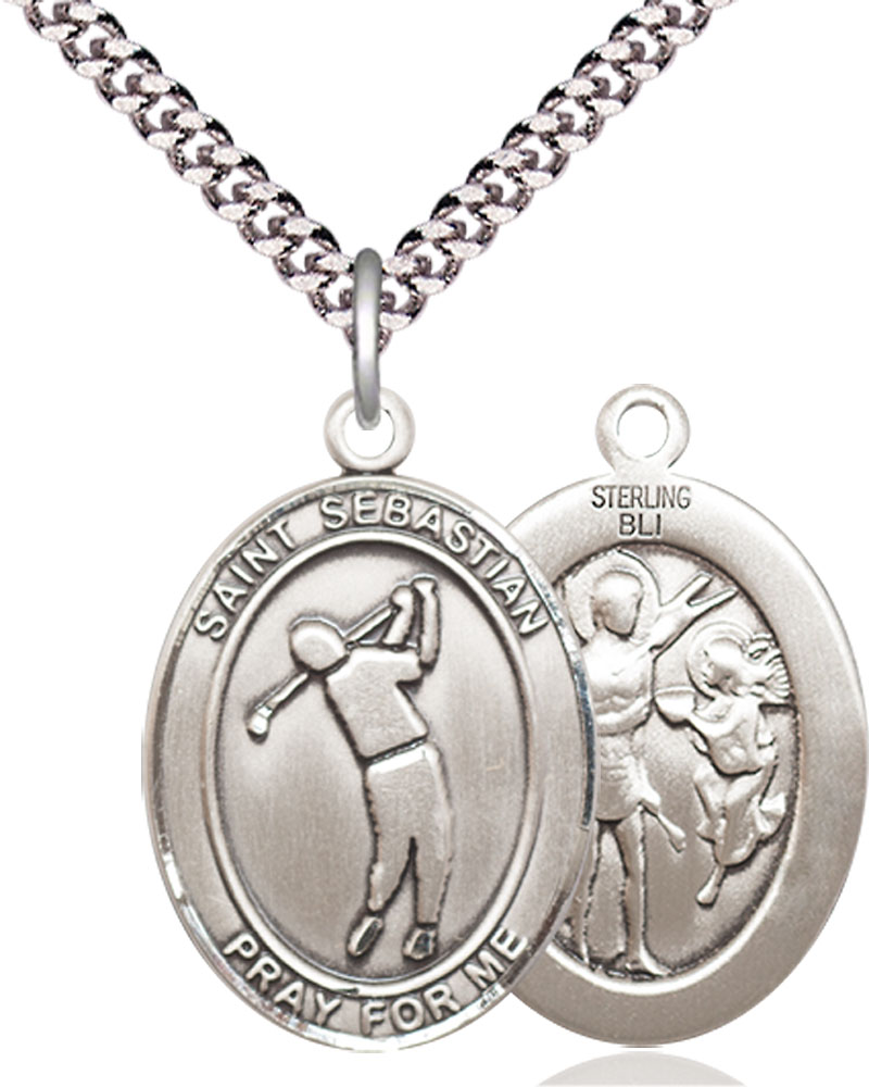 Sterling Silver Saint Sebastian Golf Pendant on a 24 inch Light Rhodium Heavy Curb chain