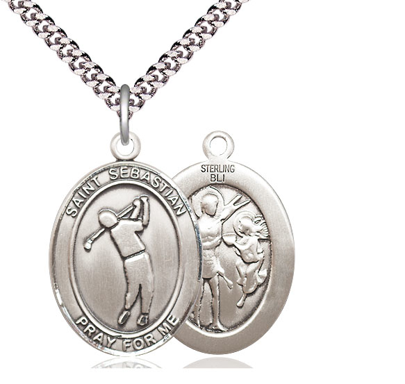 Sterling Silver Saint Sebastian Golf Pendant on a 24 inch Light Rhodium Heavy Curb chain