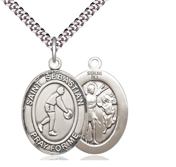 Sterling Silver Saint Sebastian Basketball Pendant on a 24 inch Light Rhodium Heavy Curb chain