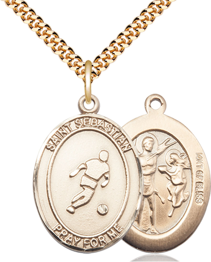 14kt Gold Filled Saint Sebastian Soccer Pendant on a 24 inch Gold Plate Heavy Curb chain