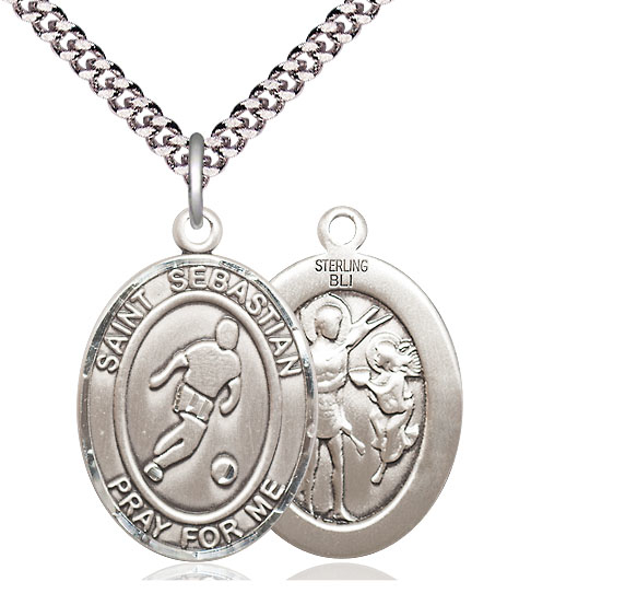 Sterling Silver Saint Sebastian Soccer Pendant on a 24 inch Light Rhodium Heavy Curb chain