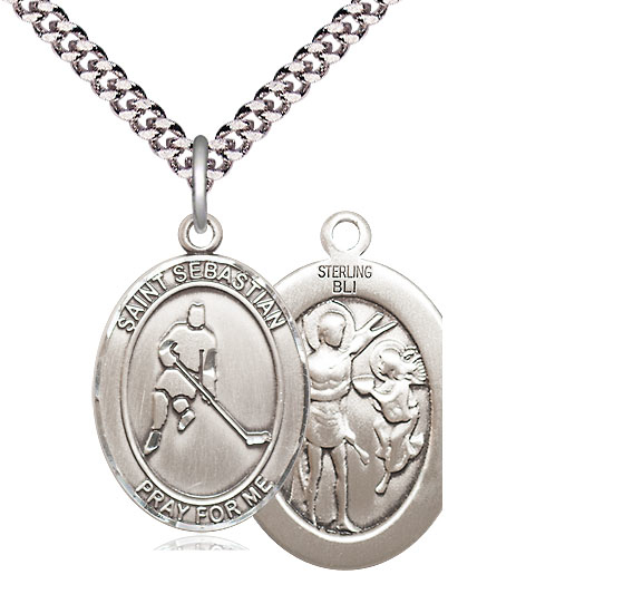 Sterling Silver Saint Sebastian Ice Hockey Pendant on a 24 inch Light Rhodium Heavy Curb chain