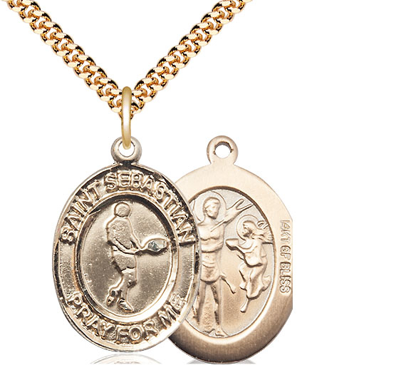 14kt Gold Filled Saint Sebastian Tennis Pendant on a 24 inch Gold Plate Heavy Curb chain