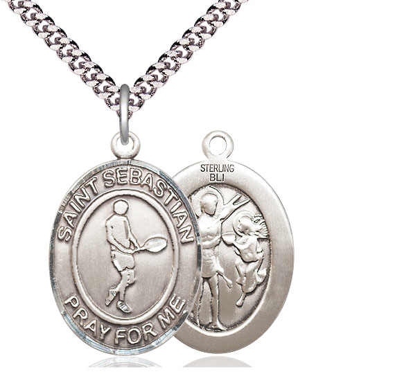 Sterling Silver Saint Sebastian Tennis Pendant on a 24 inch Light Rhodium Heavy Curb chain