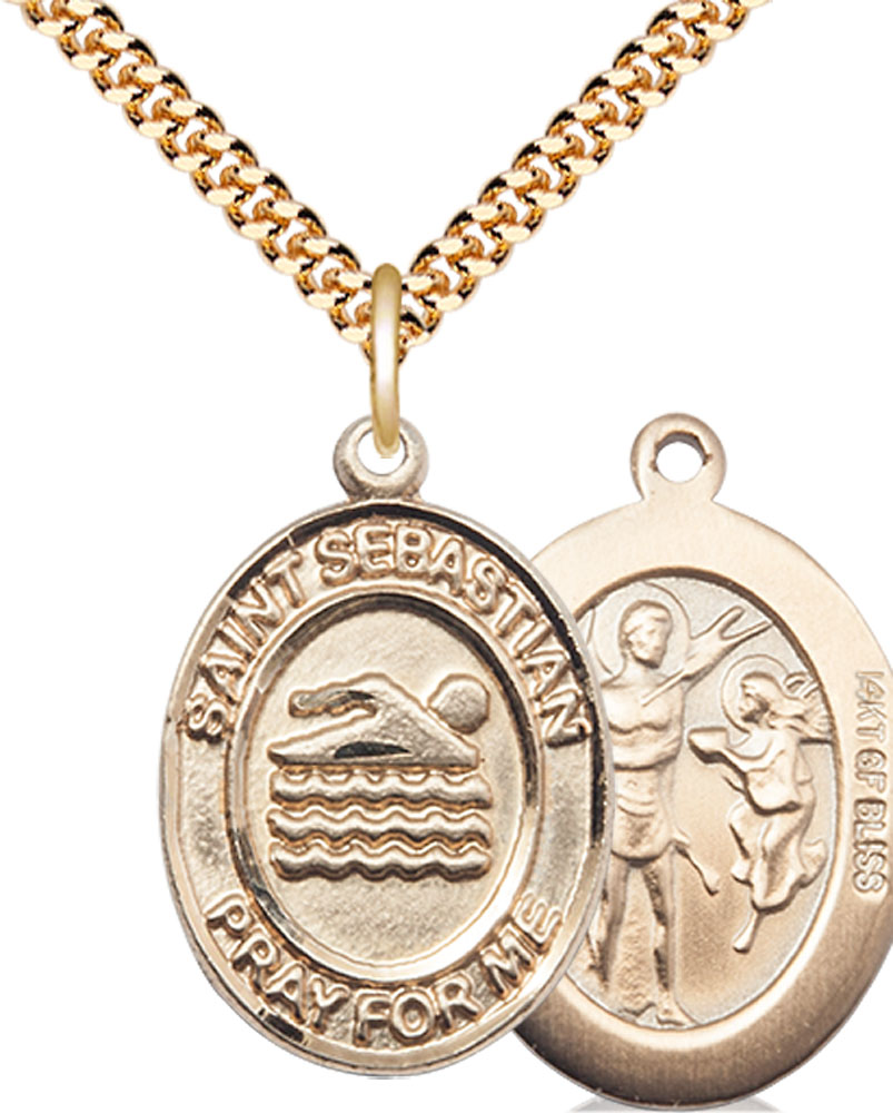 14kt Gold Filled Saint Sebastian Swimming Pendant on a 24 inch Gold Plate Heavy Curb chain