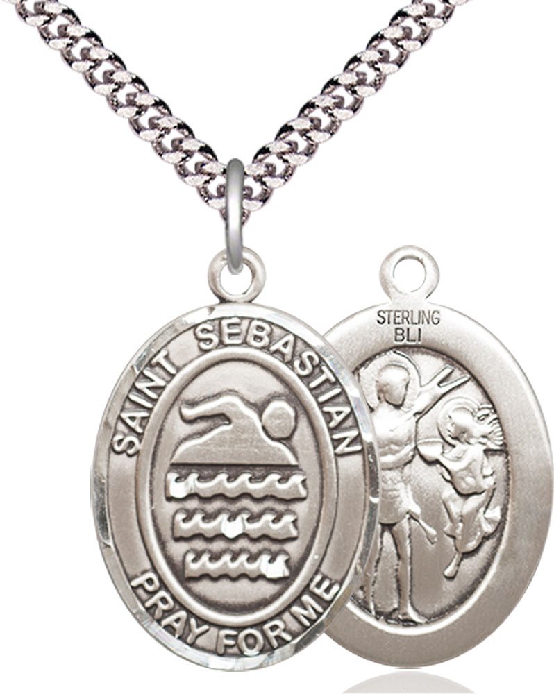 Sterling Silver Saint Sebastian Swimming Pendant on a 24 inch Light Rhodium Heavy Curb chain