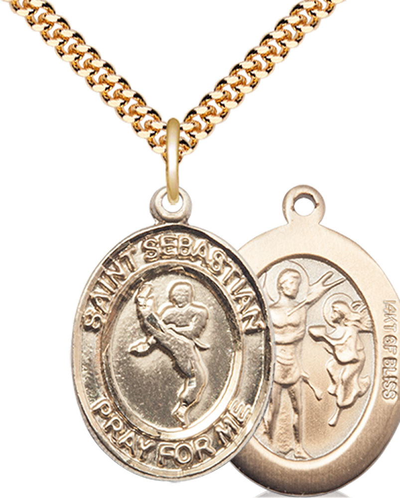14kt Gold Filled Saint Sebastian Martial Arts Pendant on a 24 inch Gold Plate Heavy Curb chain