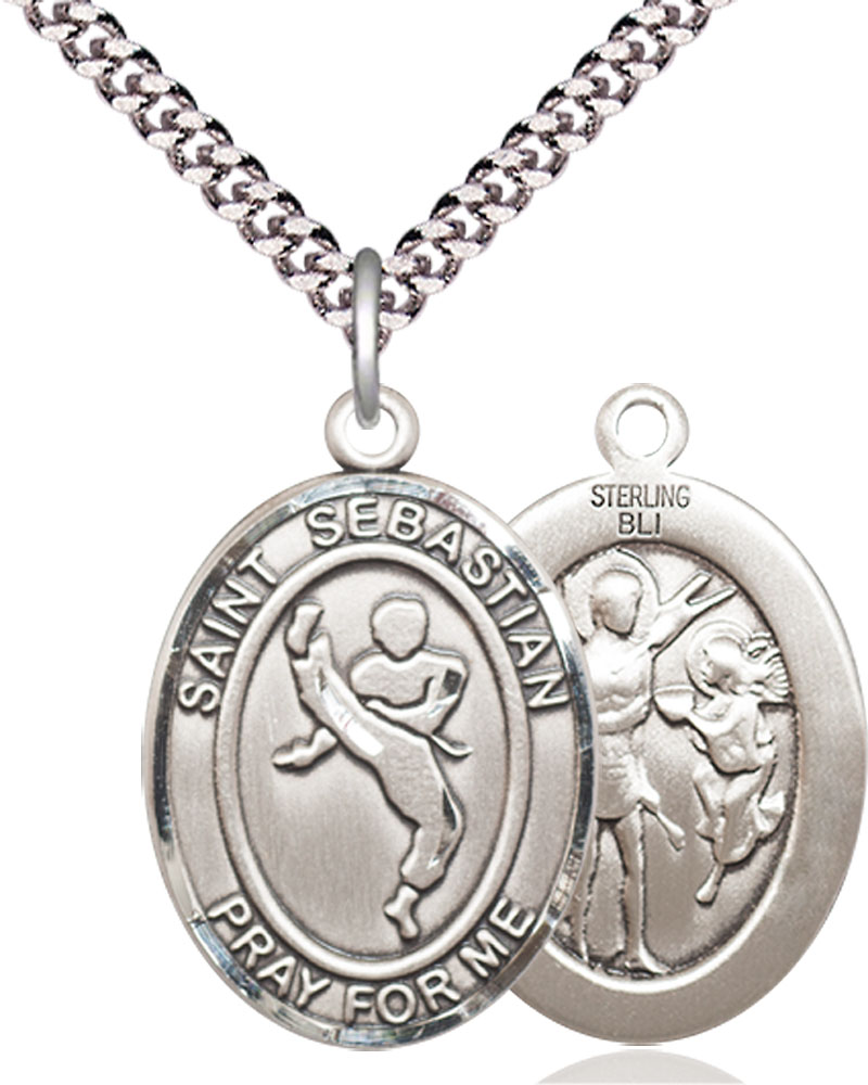 Sterling Silver Saint Sebastian Martial Arts Pendant on a 24 inch Light Rhodium Heavy Curb chain