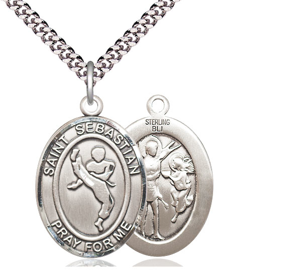 Sterling Silver Saint Sebastian Martial Arts Pendant on a 24 inch Light Rhodium Heavy Curb chain