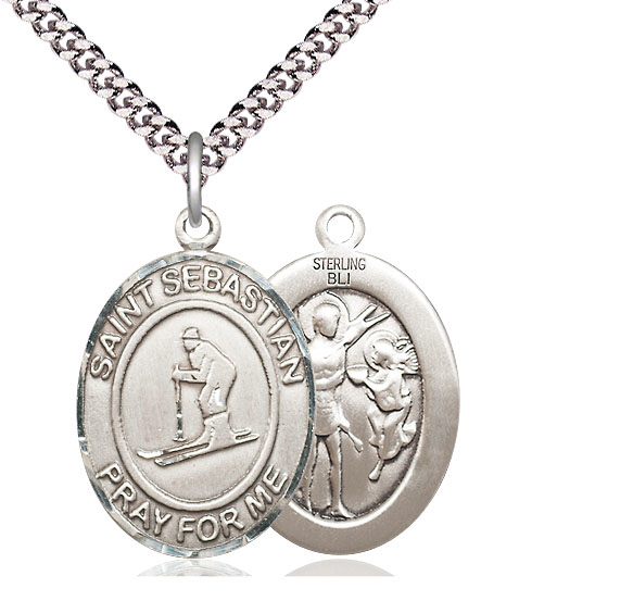 Sterling Silver Saint Sebastian Skiing Pendant on a 24 inch Light Rhodium Heavy Curb chain