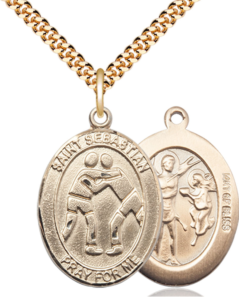14kt Gold Filled Saint Sebastian Wrestling Pendant on a 24 inch Gold Plate Heavy Curb chain