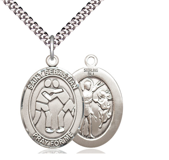 Sterling Silver Saint Sebastian Wrestling Pendant on a 24 inch Light Rhodium Heavy Curb chain