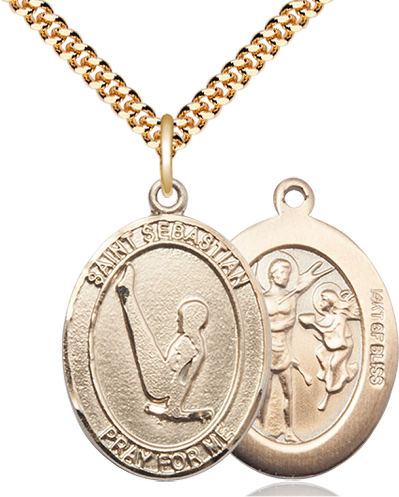 14kt Gold Filled Saint Sebastian Gymnastics Pendant on a 24 inch Gold Plate Heavy Curb chain
