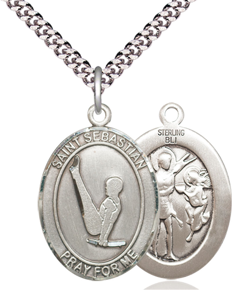 Sterling Silver Saint Sebastian Gymnastics Pendant on a 24 inch Light Rhodium Heavy Curb chain
