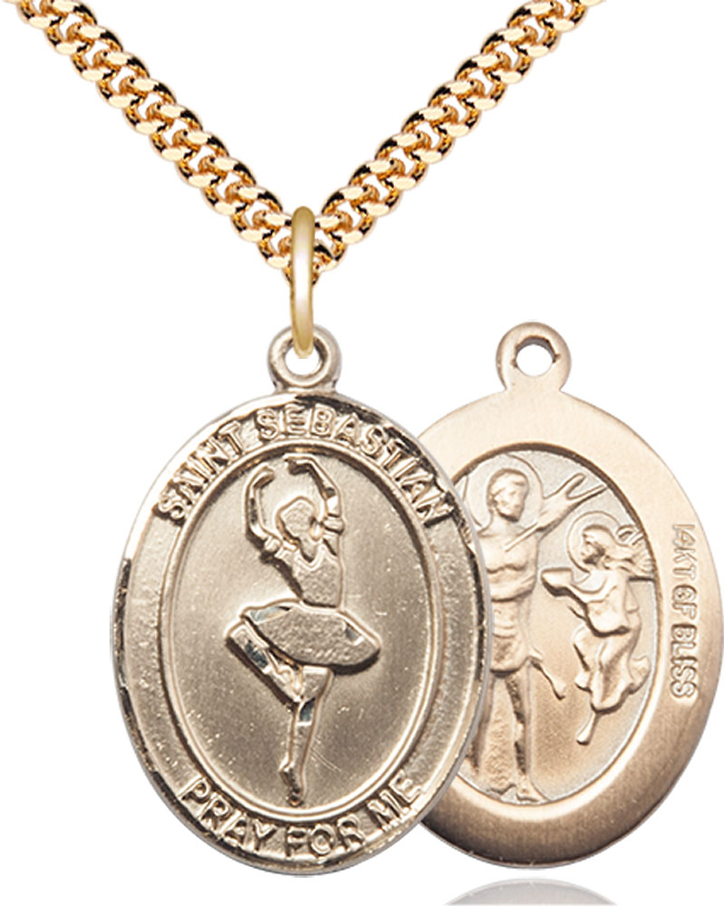 14kt Gold Filled Saint Sebastian Dance Pendant on a 24 inch Gold Plate Heavy Curb chain
