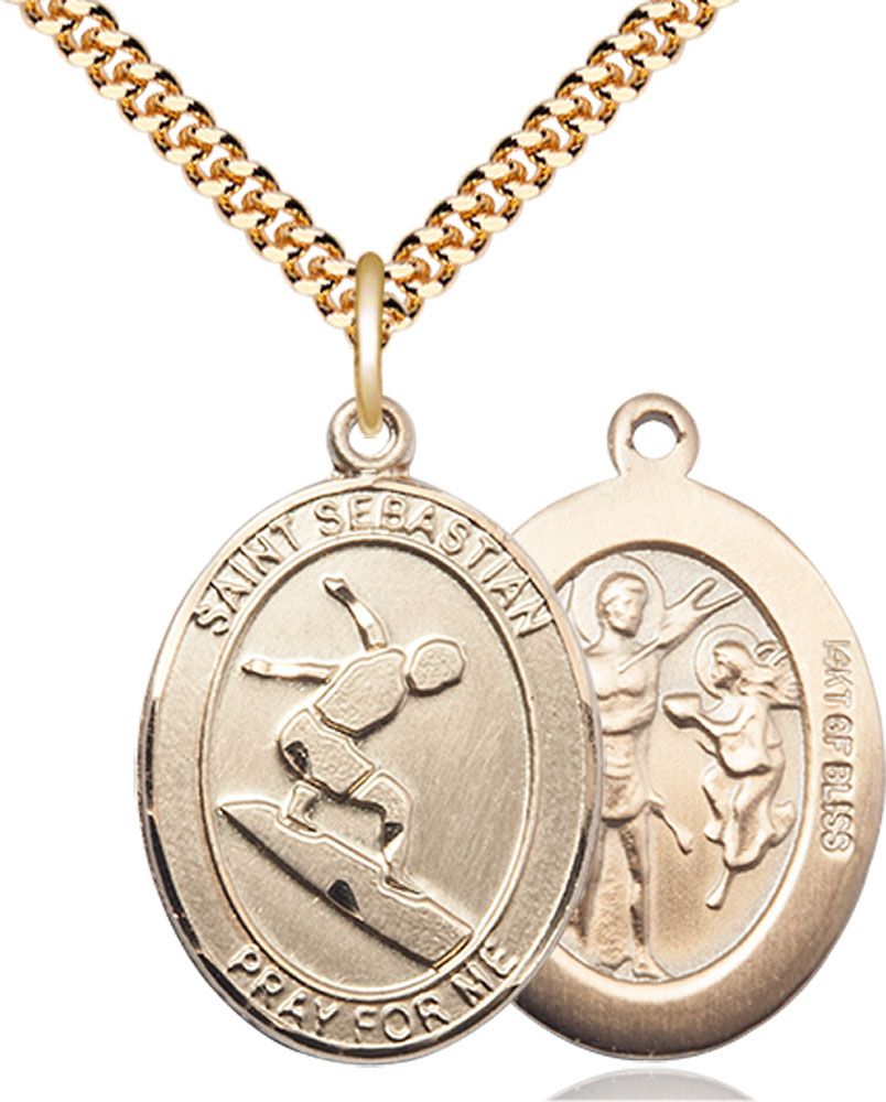 14kt Gold Filled Saint Sebastian Surfing Pendant on a 24 inch Gold Plate Heavy Curb chain