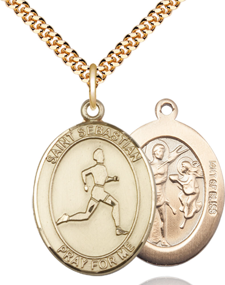 14kt Gold Filled Saint Sebastian Track and Field Pendant on a 24 inch Gold Plate Heavy Curb chain