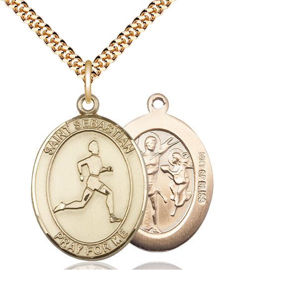 14kt Gold Filled Saint Sebastian Track and Field Pendant on a 24 inch Gold Plate Heavy Curb chain