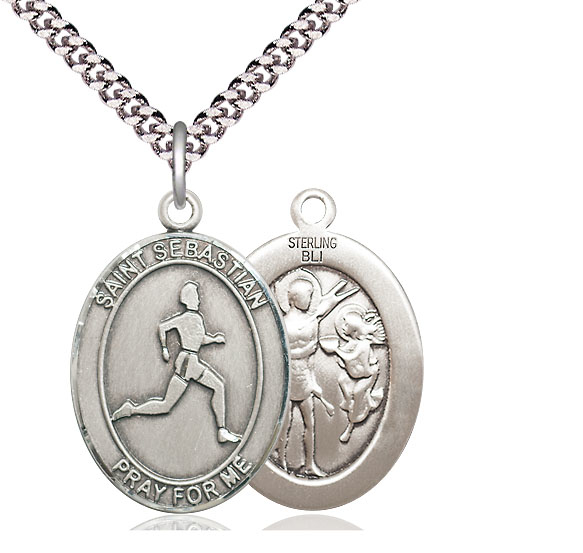 Sterling Silver Saint Sebastian Track and Field Pendant on a 24 inch Light Rhodium Heavy Curb chain
