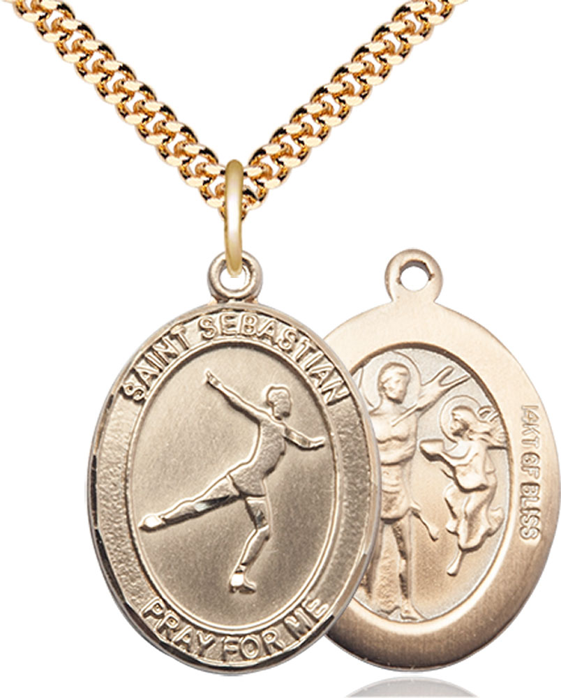 14kt Gold Filled Saint Sebastian Figure Skating Pendant on a 24 inch Gold Plate Heavy Curb chain